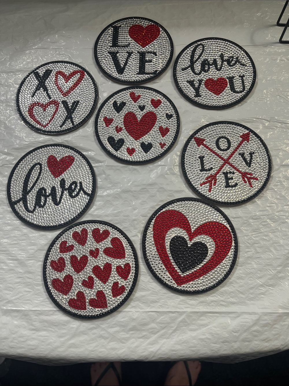 Love Heart Sequin Coasters Set - Red, Black, White